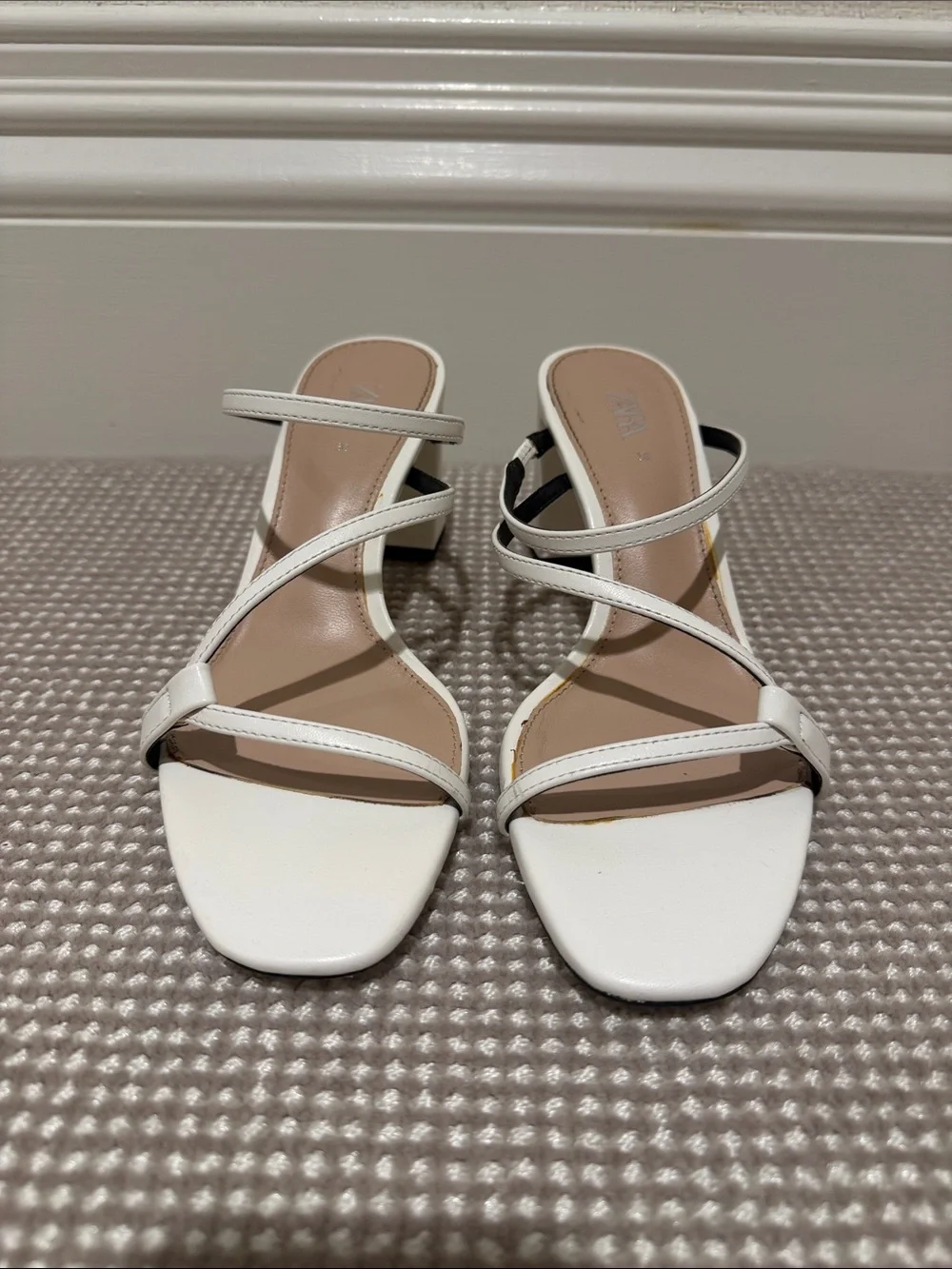 Zara White Strappy Square-Toe Block Heel Sandals